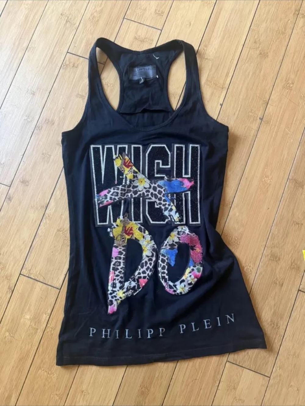 Philipp Plein Black Racerback Tank with Multicolor Leopard Floral Graphic